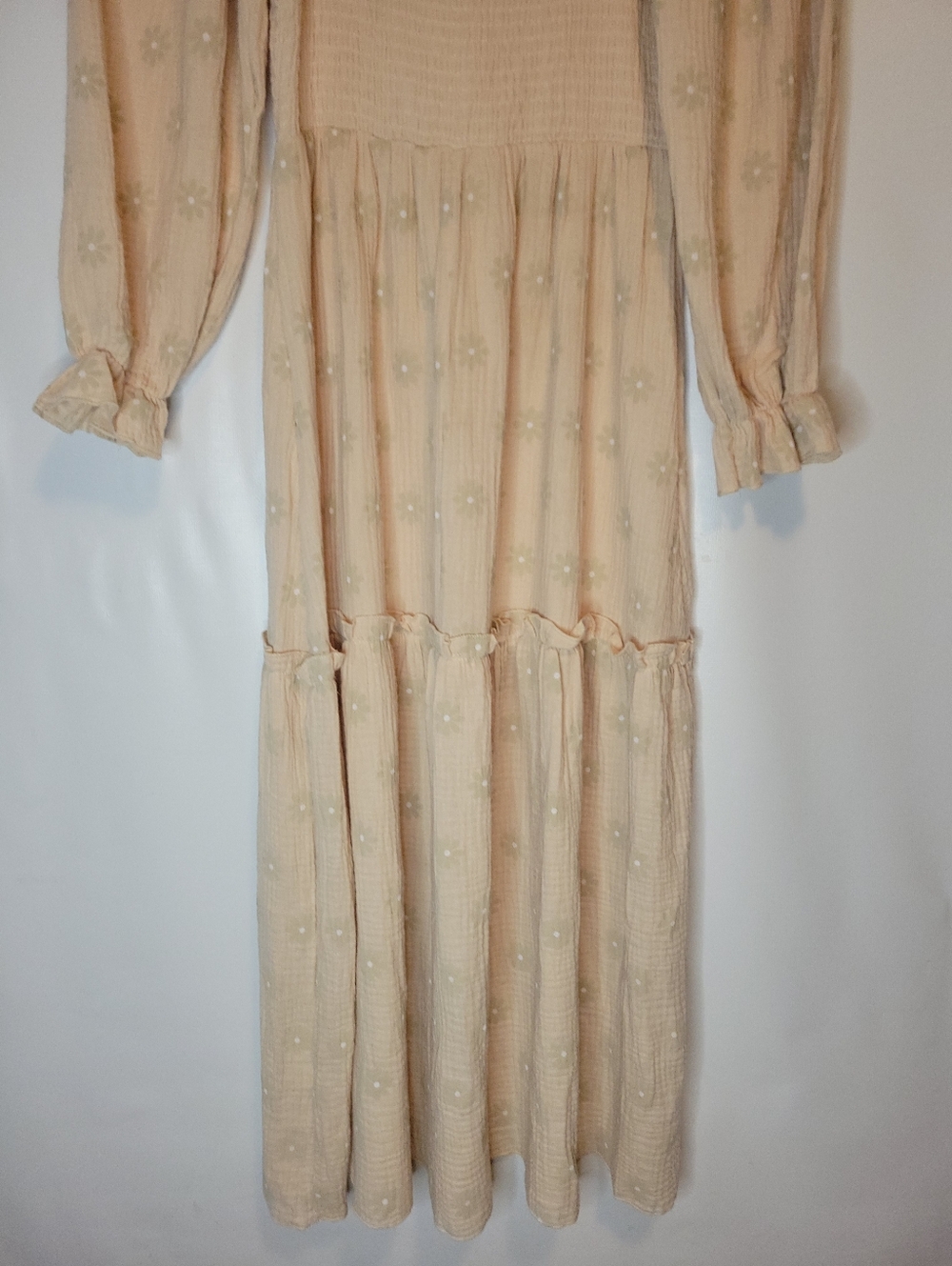 Cotton Textured Blush Cream Long Sleeve Maxi Dress With Smocked Bodice - Picture 3 of 12